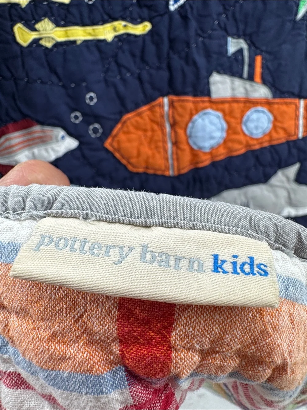Pottery Barn Kids toddler bed Navy Quilt Submarine Marine shark whale 33x46